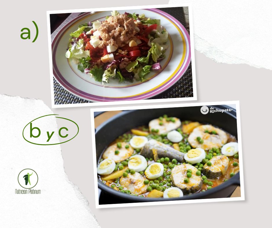 Ensalada de pimientos asados atún y huevo con merluza con patatas y guisantes