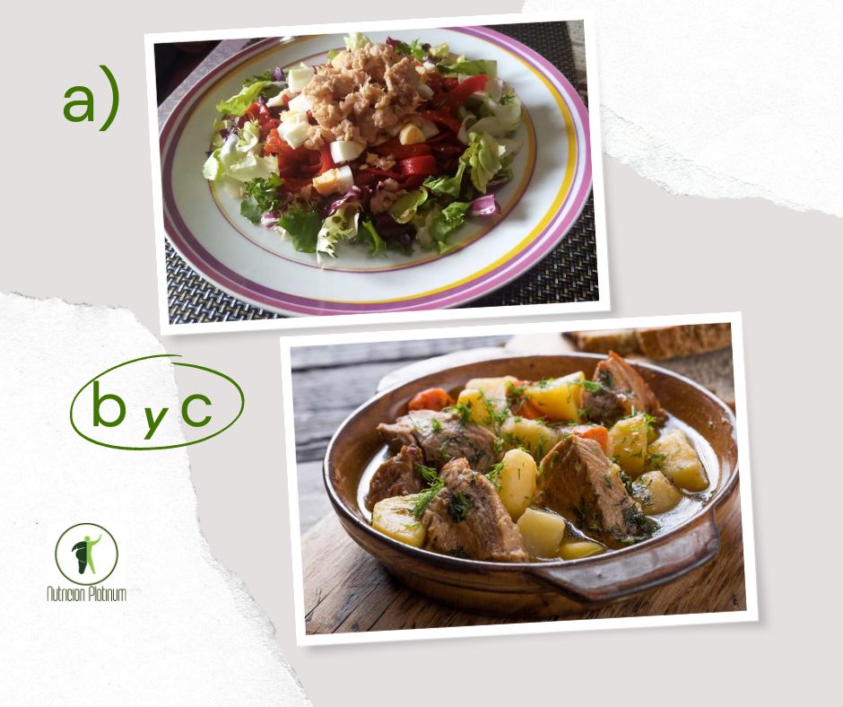 Ensalada de pimientos asados atún y huevo con estofado de magra de cerdo