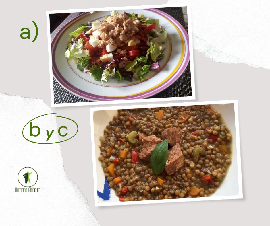 Ensalada de pimientos asados atún y huevo con lentejas con albahaca y magro