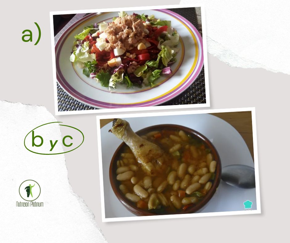 Ensalada de pimientos asados atún y huevo con alubias con verduras y pollo