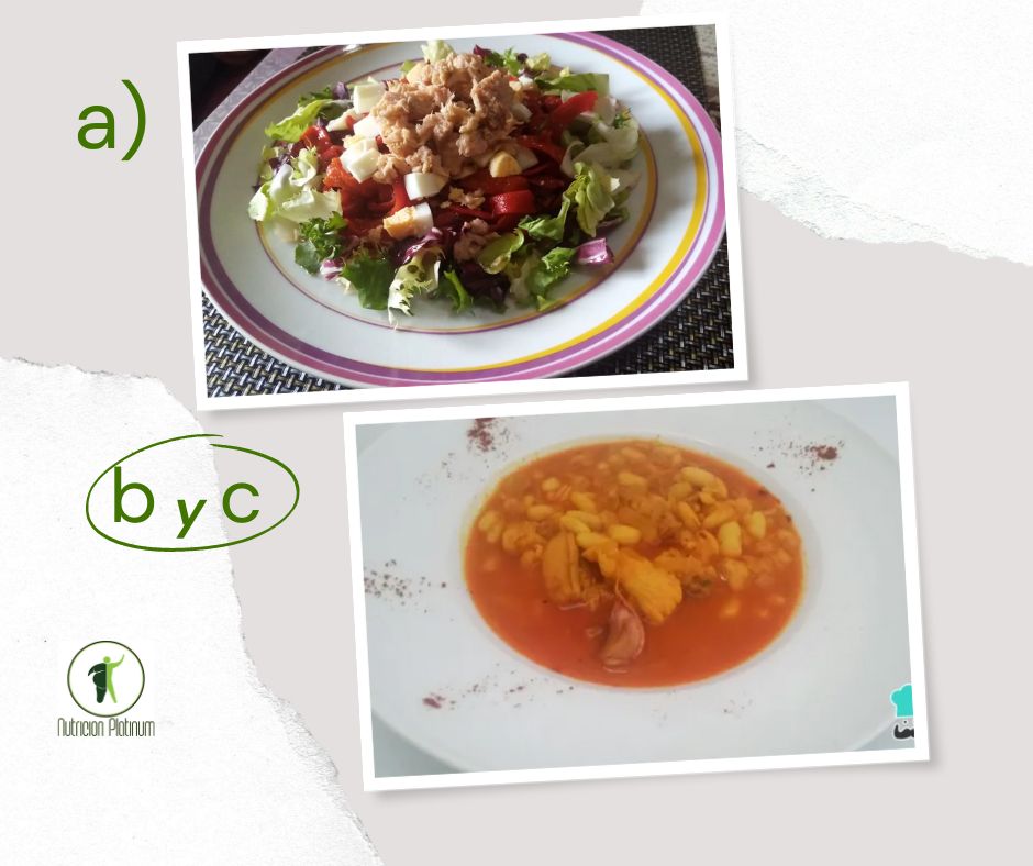 Ensalada de pimientos asados atún y huevo con potaje de alubias blancas con pollo
