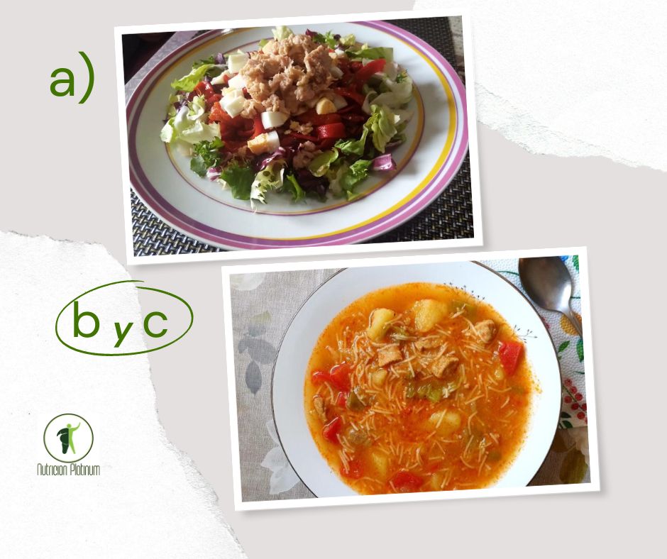 Ensalada de pimientos asados atún y huevo con guisado de magra de cerdo con fideos