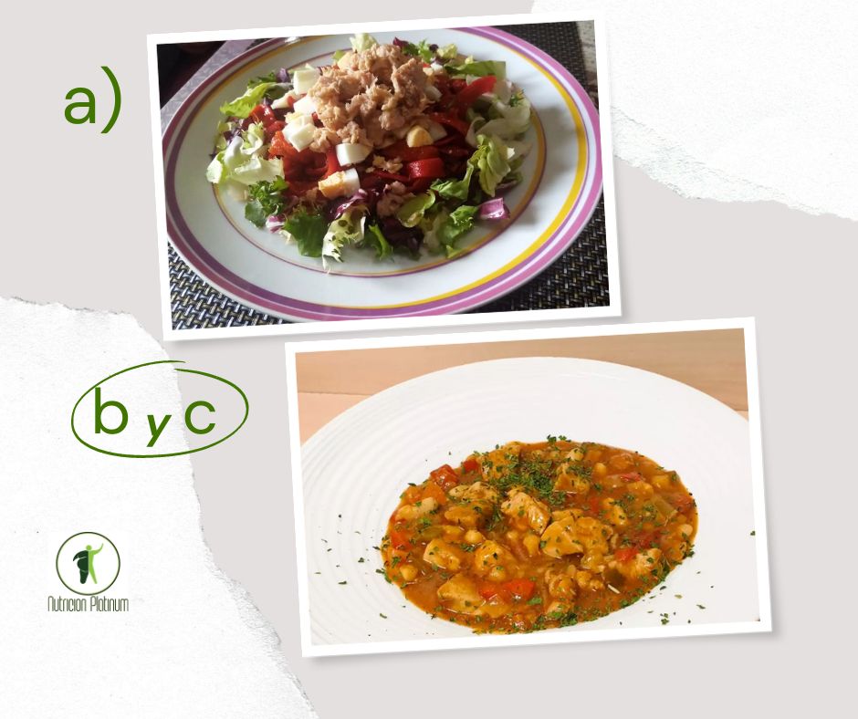 Ensalada de pimientos asados atún y huevo con estofado de pollo con alubias