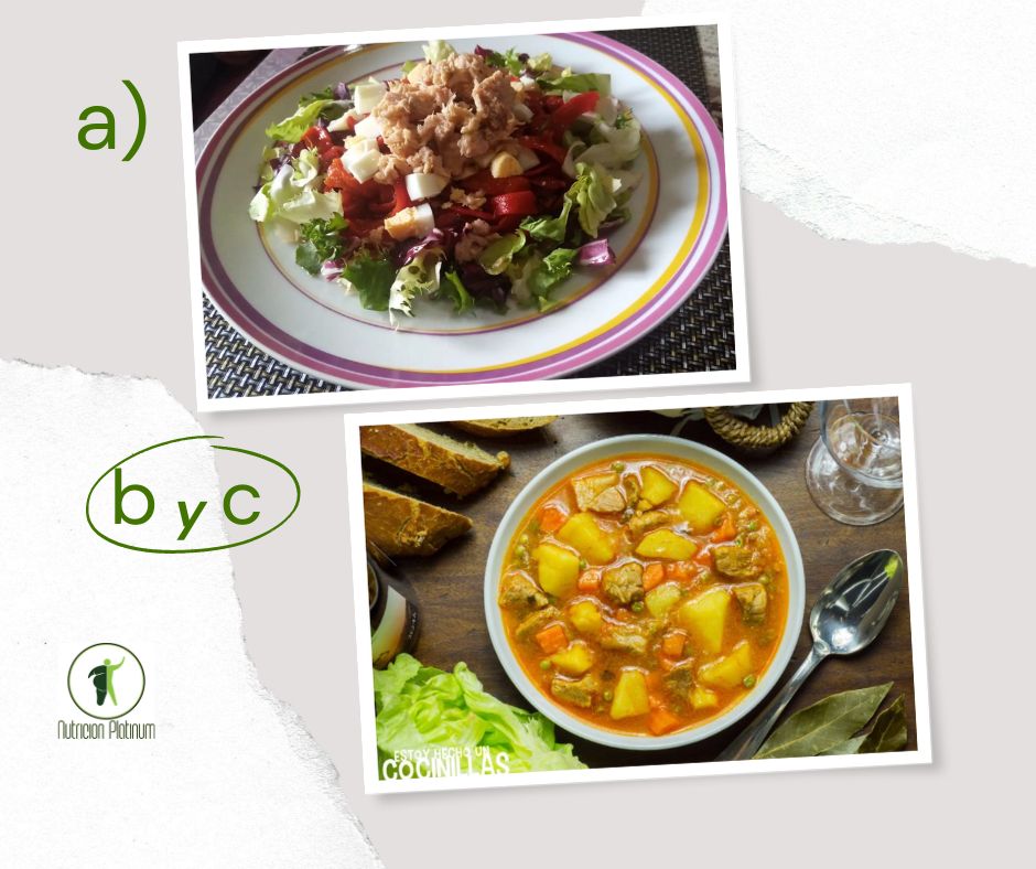 Ensalada de pimientos asados atún y huevo con guisado de patatas con carne de cerdo