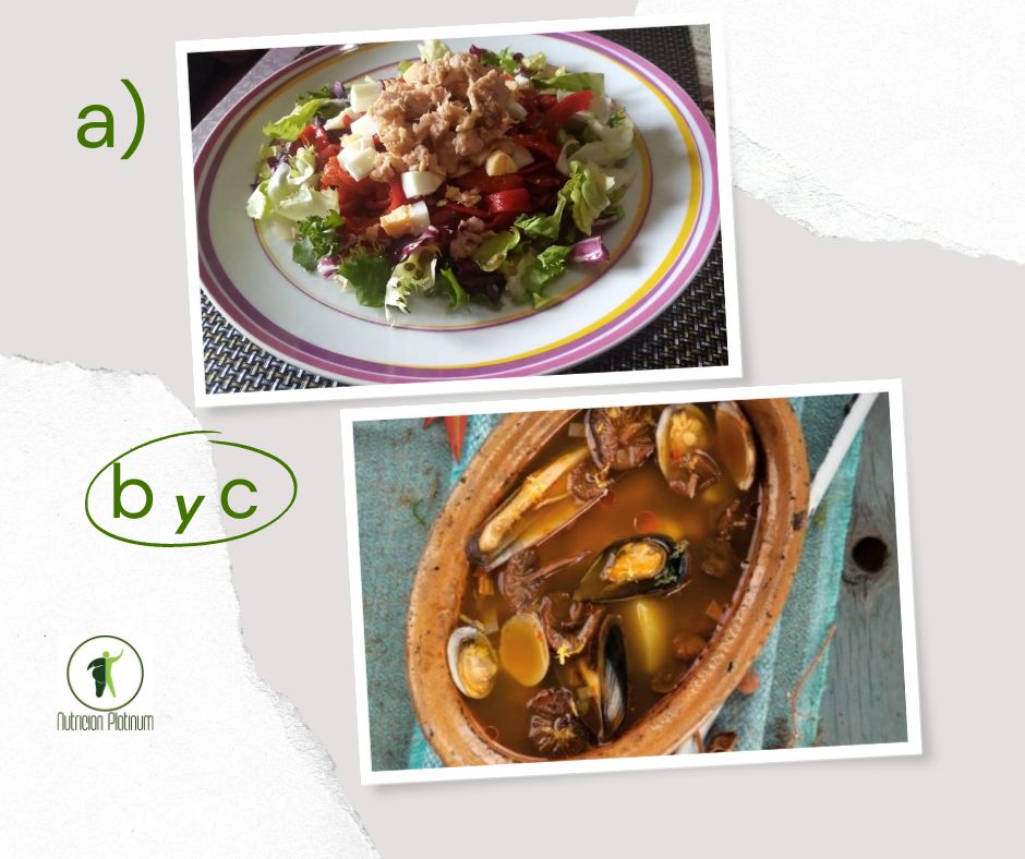 Ensalada de pimientos asados atún y huevo con guiso de marisco