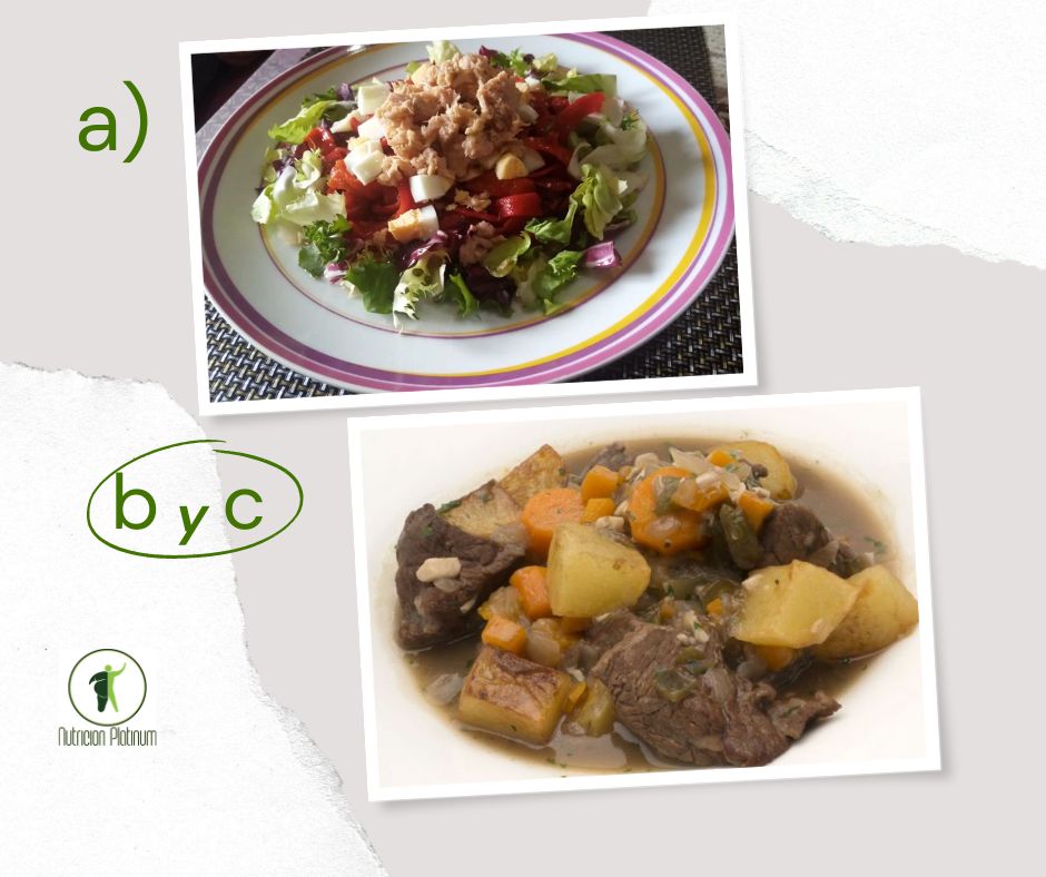 Ensalada de pimientos asados atún y huevo con carne guisada con patatas estilo tradicional
