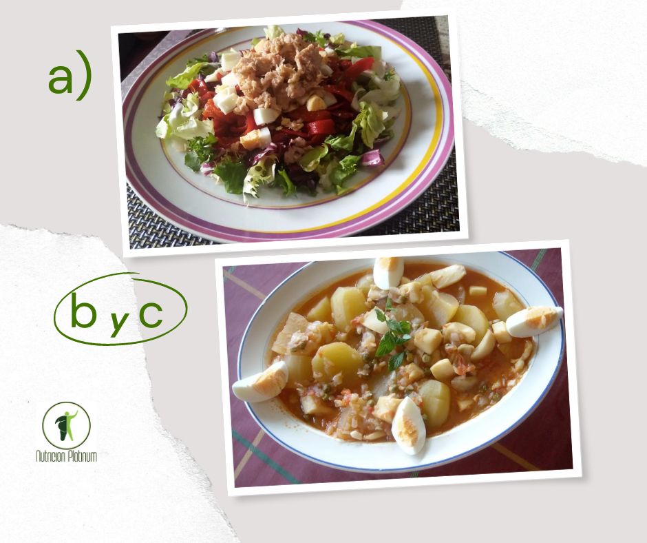 Ensalada de pimientos asados atún y huevo con sepia con patatas y guisantes