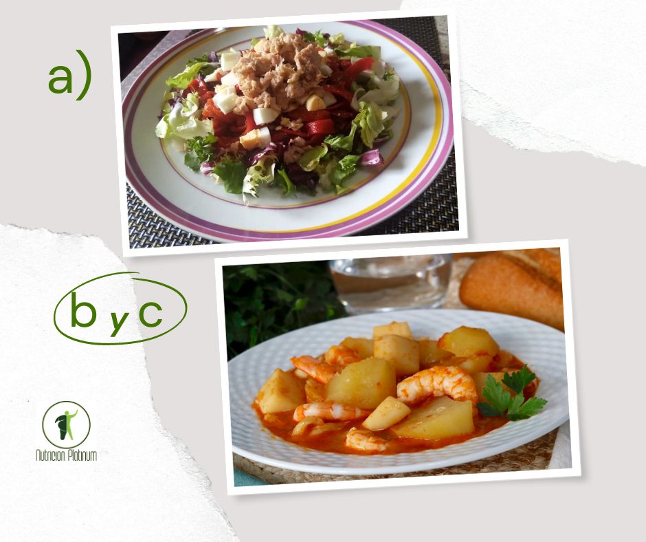 Ensalada de pimientos asados atún y huevo con patatas  sepia y gambas