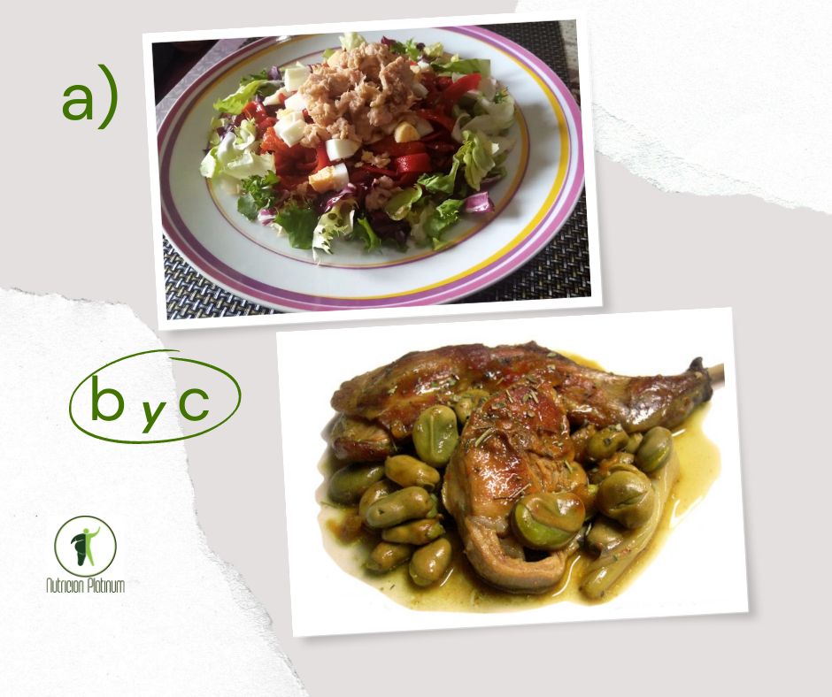 Ensalada de pimientos asados atún y huevo con conejo estofado con habas