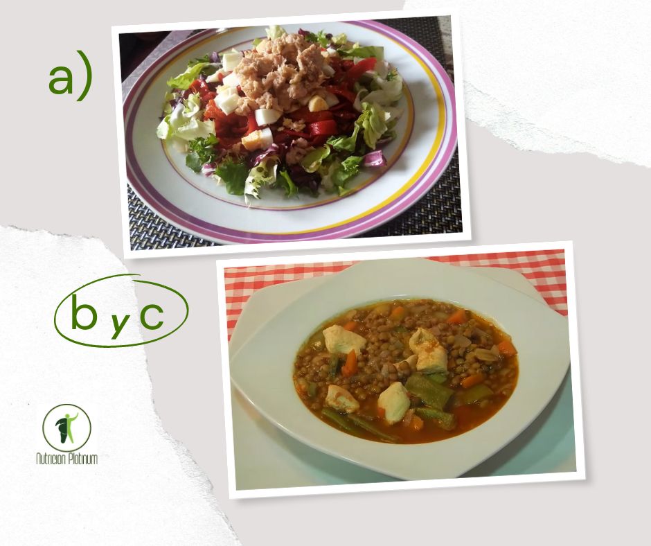 Ensalada de pimientos asados atún y huevo con Lentejas y pollo