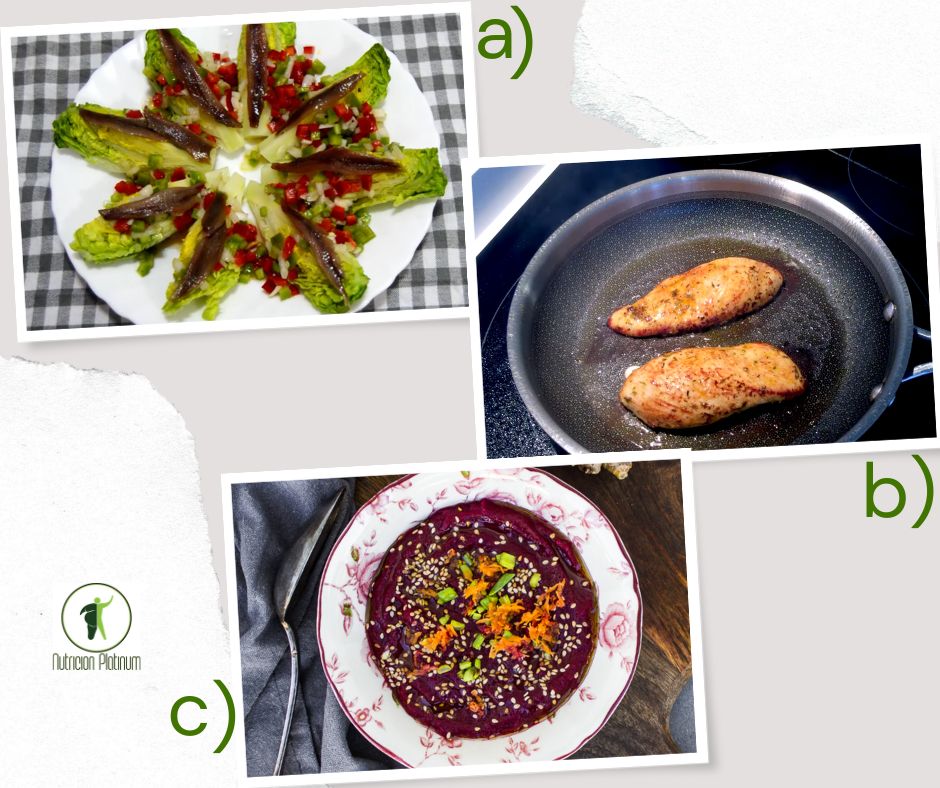 ENDIVIAS CON ANCHOAS, PECHUGA DE POLLO Y CREMA DE REMOLACHA