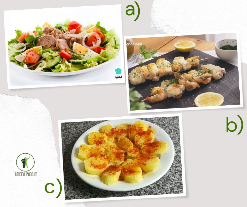 Ensalada de verduras variadas conBrochetas de Rape y langostinos y patatas a la  gallega