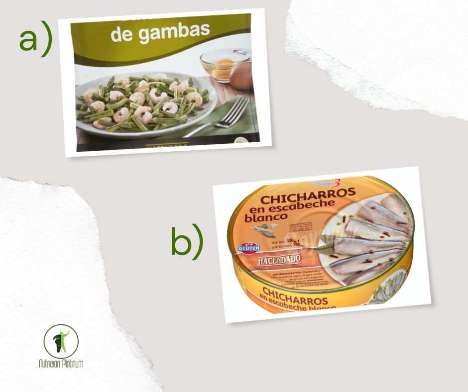 Salteado de ajetes y gambas con chicharros en escabeche.