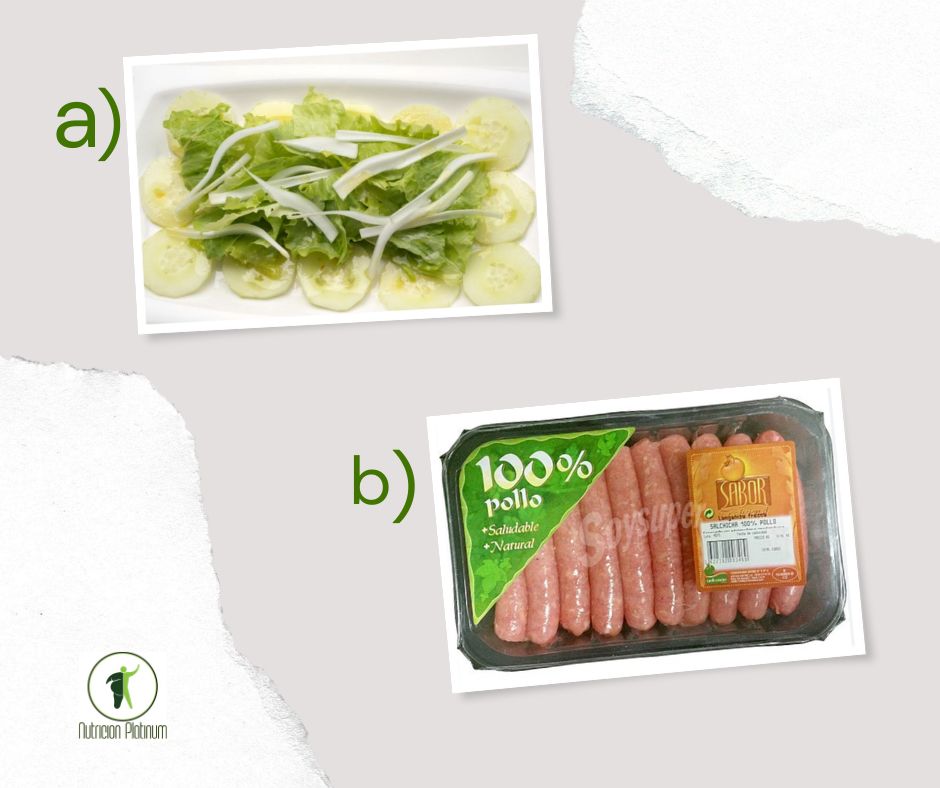 Ensalada verde con salchichas de pollo.