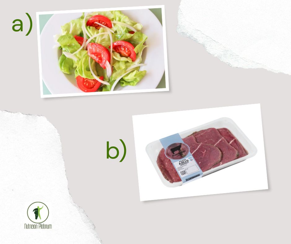 Ensalada de lechuga y tomate con filetes de ternera adobados