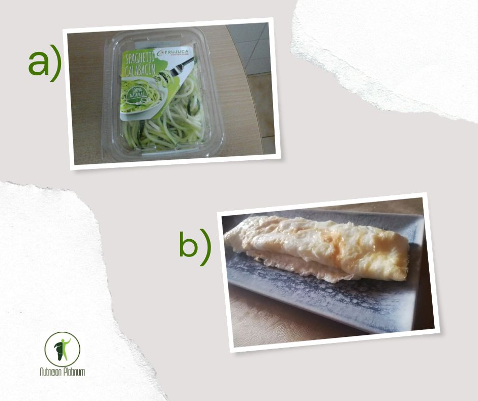 Espaguetis de calabacín con tortilla de huevos.