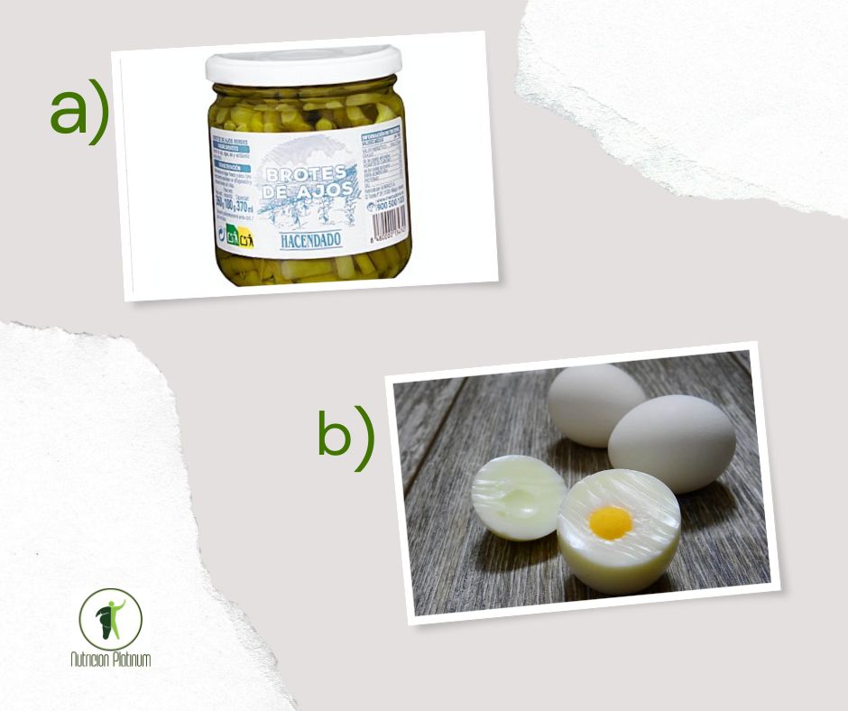 Ajetes en conserva con huevos cocidos.