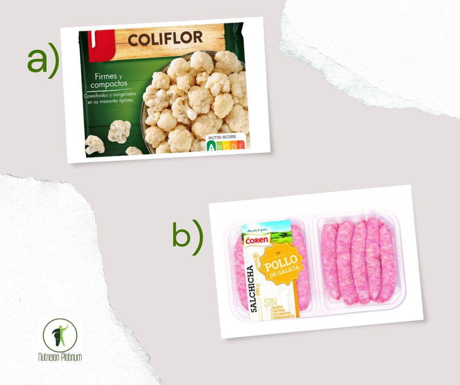 Brocoli cocido con salchichas de pollo.