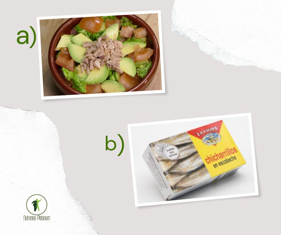 Ensalada de aguacate y atún con chicharrillos en conserva.