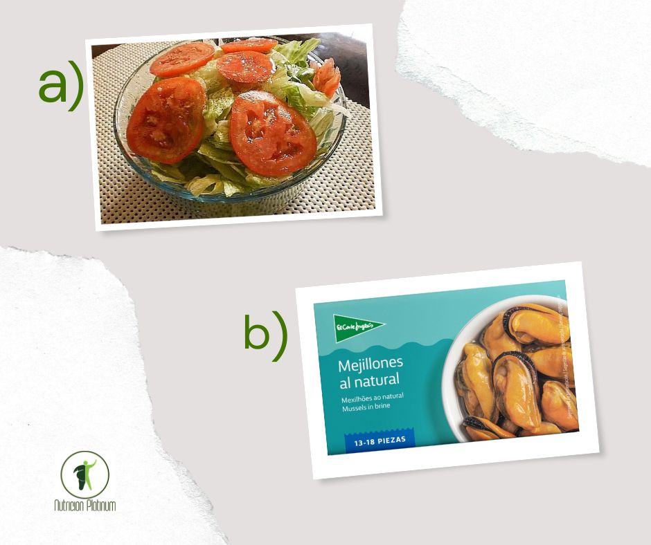 Ensalada de lechuga y tomate con mejillones en escabeche.