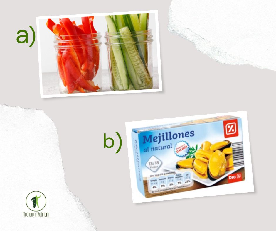 Palitos de pepino y pimientos con mejillones al natural.