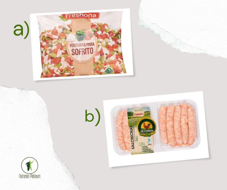 Salteado de verduras con salchichas de pollo.