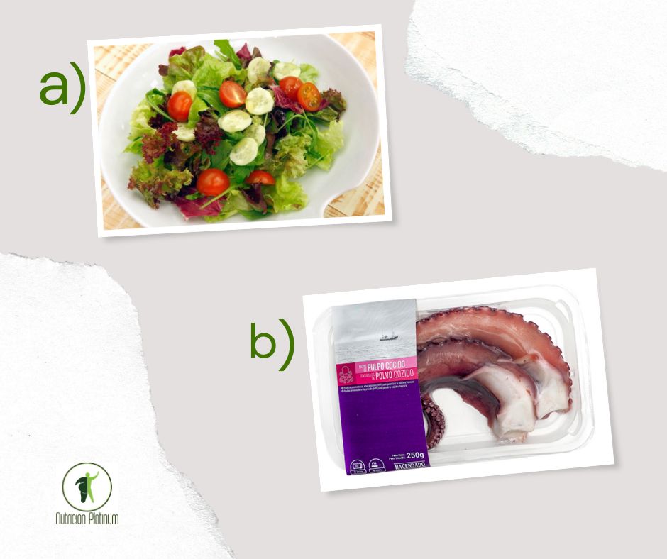 Ensalada de lechuga variada, pepino y tomates cherry con pulpo cocido.