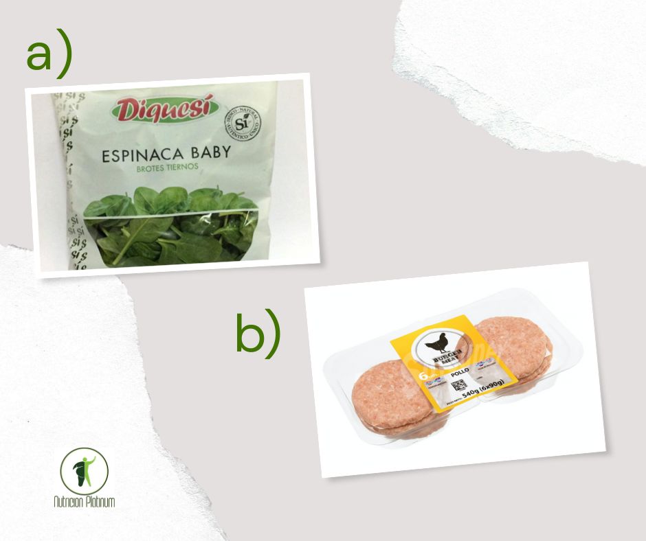 Ensalada de espinacas baby con hamburguesas de pollo.