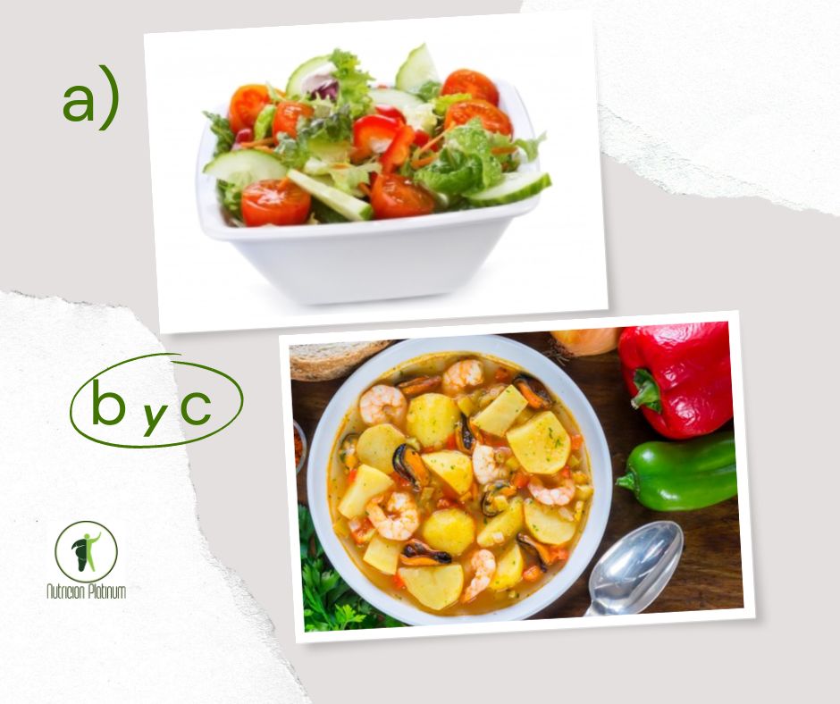 Ensalada de vegetales con guiso de patatas con marisco a la marinera.