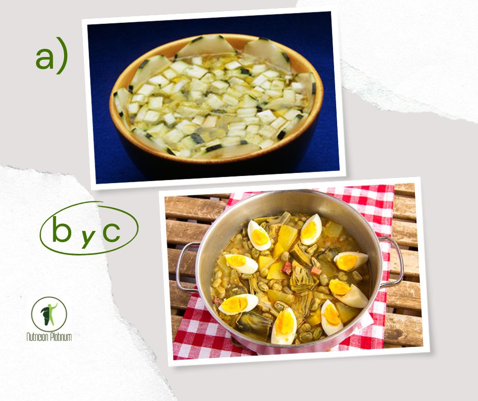 Gazpacho de Almería con guiso de habitas tiernas y alcachofas.