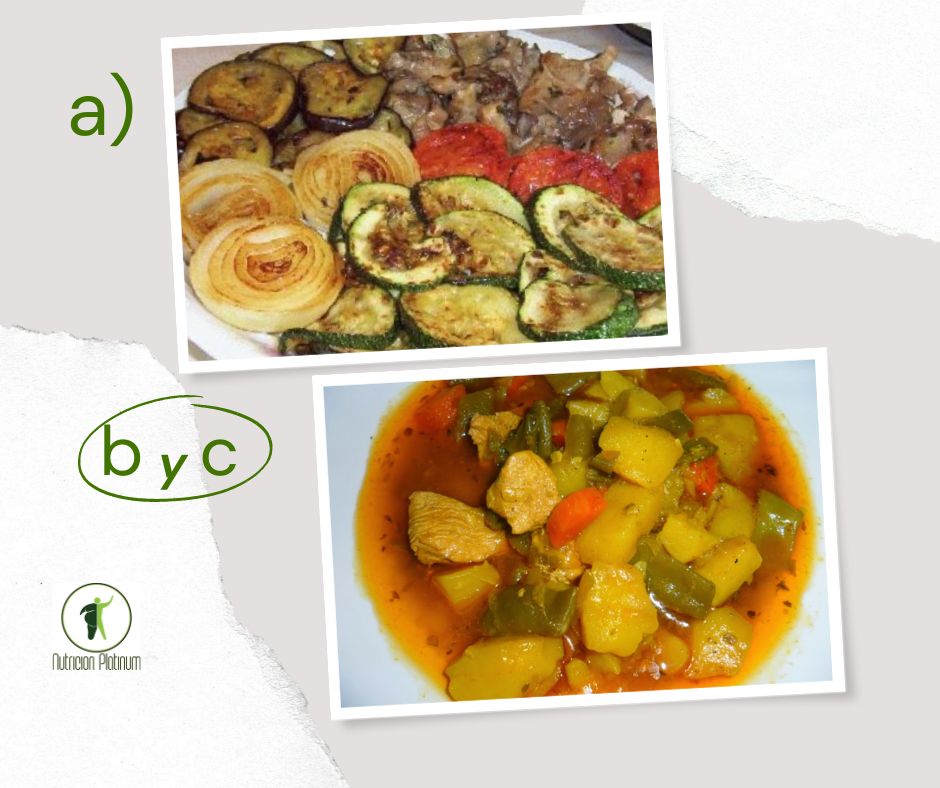 Parrillada de verduras con guiso de patatas carne de pollo y judías verdes