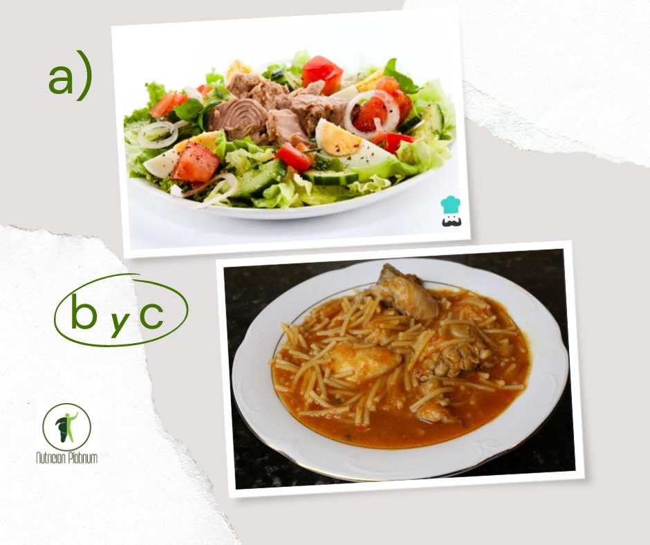 Ensalada de verduras variadas con guiso de pollo con fideos y perejil fresco.