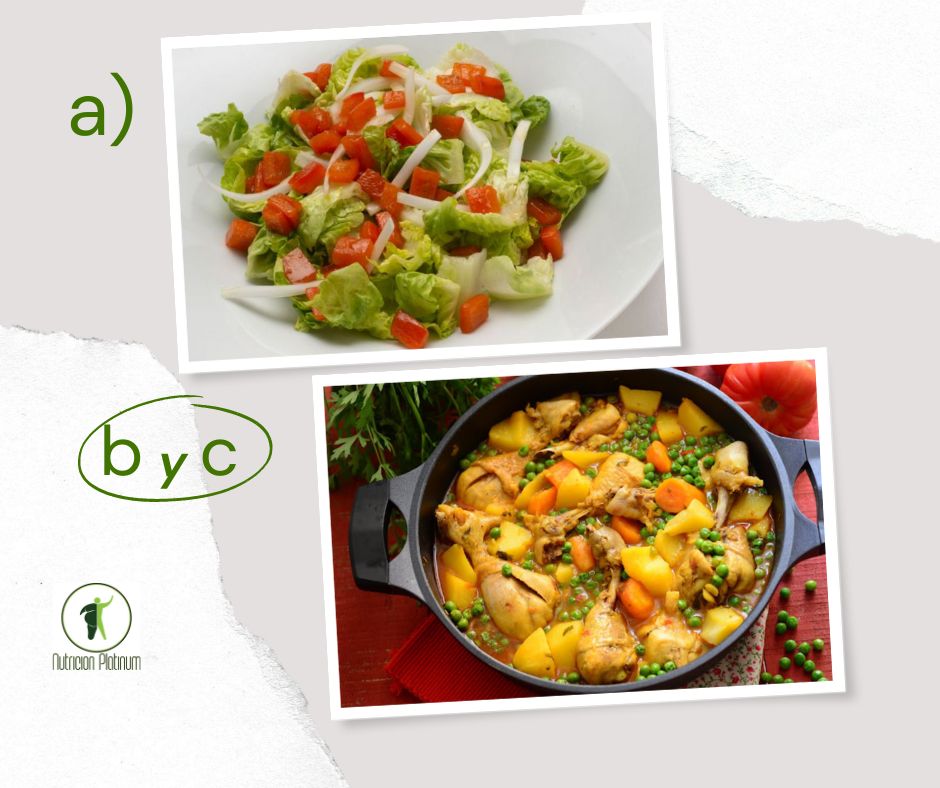 Ensalada de cogollos y pimiento rojo con guiso de pollo al azafrán.