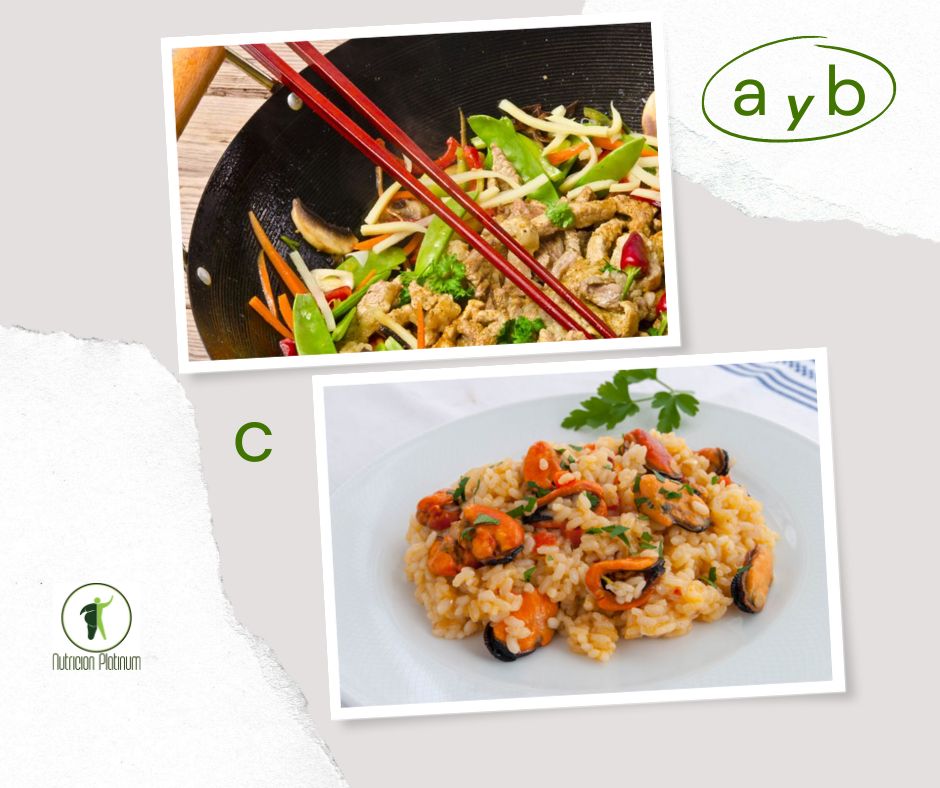 Cerdo con tirabeques en wok y arroz meloso con mejillones