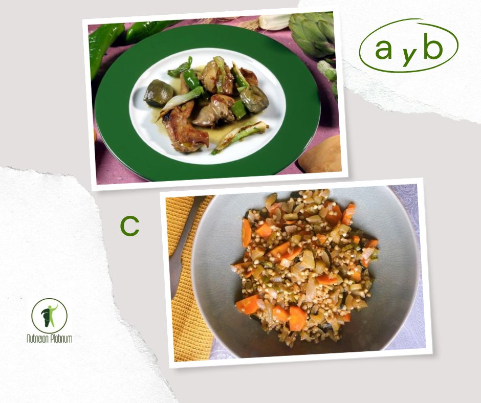 conejo con alcachofas y trigo sarraceno con zanahoria