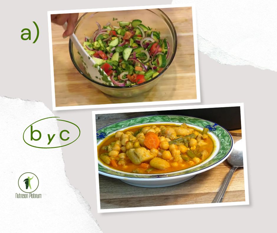 Ensalada de aguacate y pepino con guiso de pollo con garbanzos.