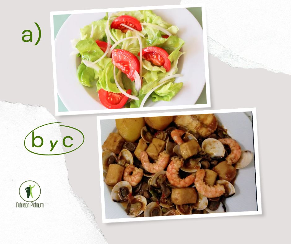 Ensalada de lechuga y tomate con guiso de pescado y marisco.