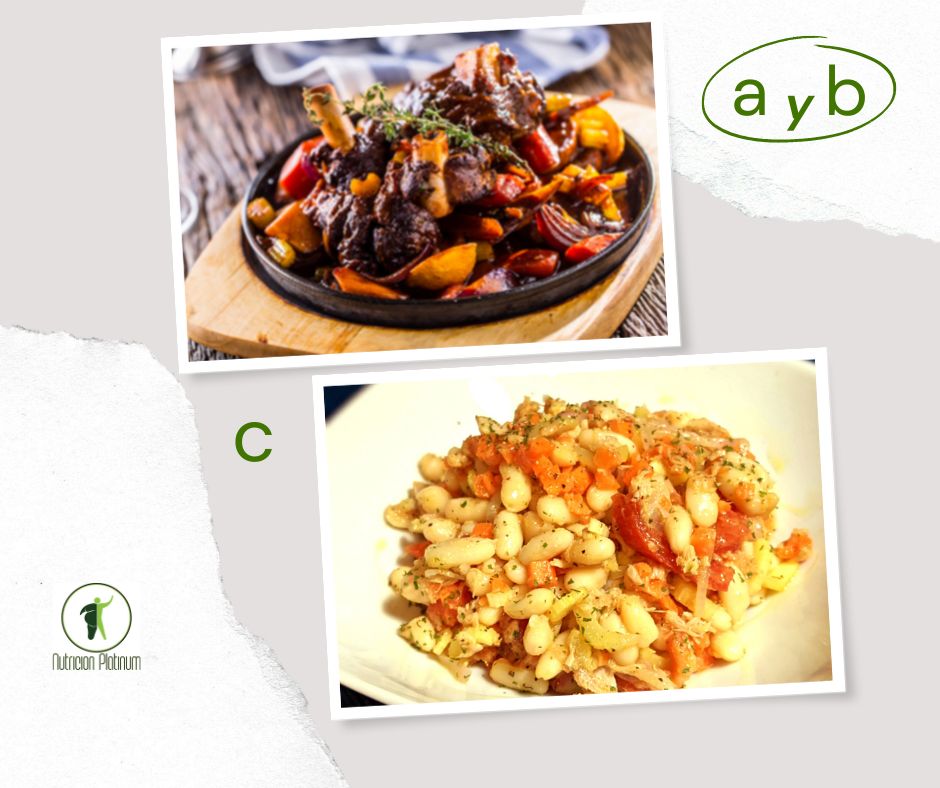 paletilla de cordero guisada con verduras con ensalada de alubias, verdura y atún