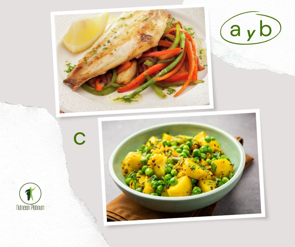 Dorada al horno con verduras salteadas y guisantes con patatas