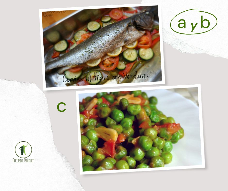 Pescado al horno con verduras y guisantes con tomate