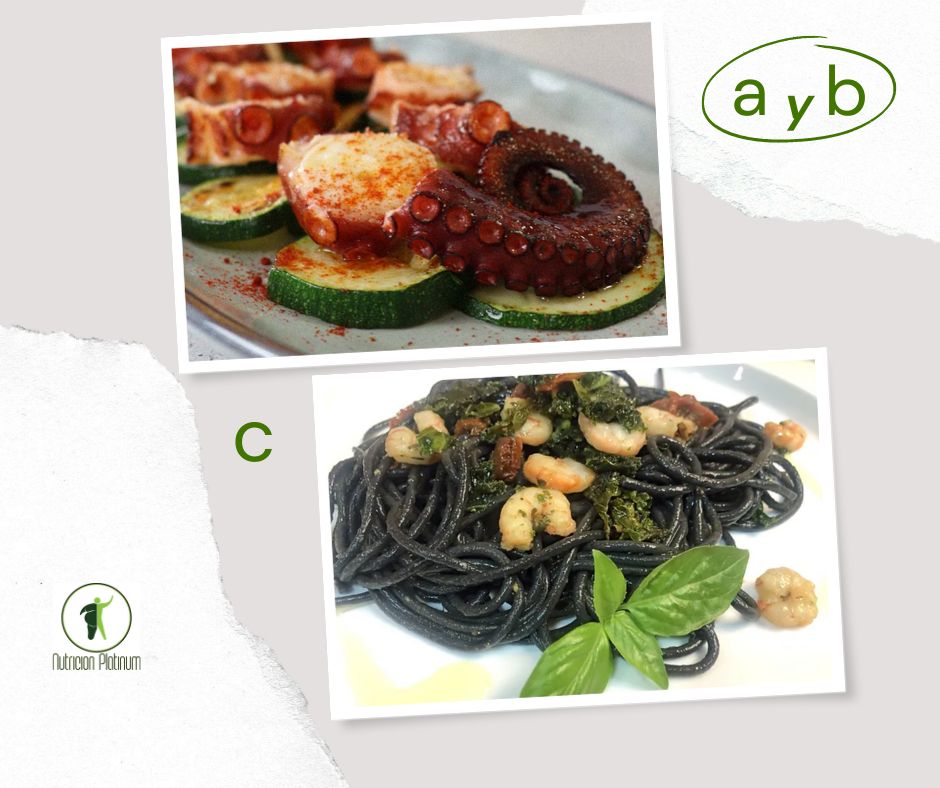 pulpo con calabacín y pimentón con pasta negra tomates secos y gambas