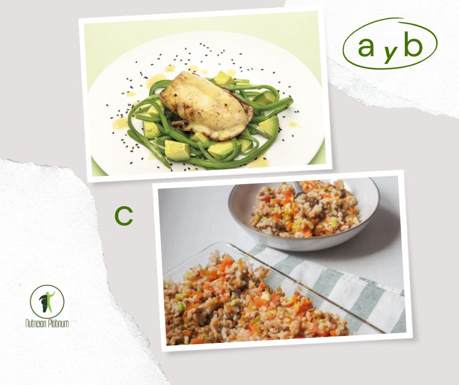 sepia a la plancha con ensalada de judias verdes y aguacate con ensalada de arroz, lentejas y zanahoria