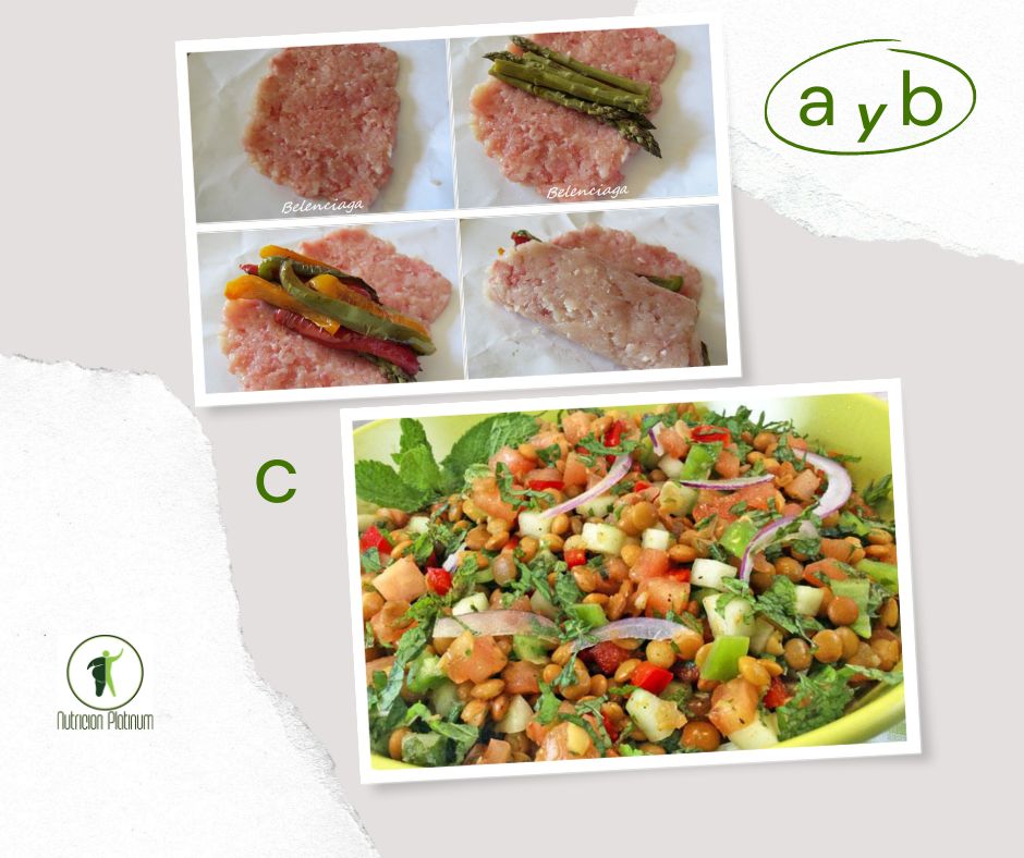 Rollo de pollo triturado con verduras y tabulé de lentejas