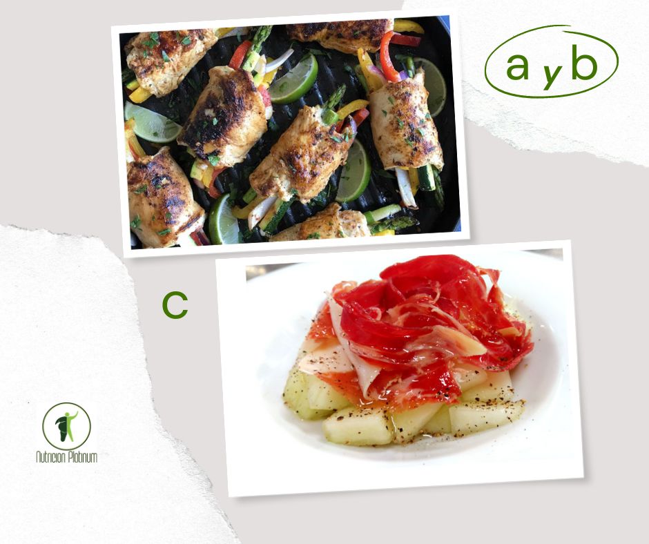 Rollo de pechuga de pollo con verduras y lima mas melón con jamón.