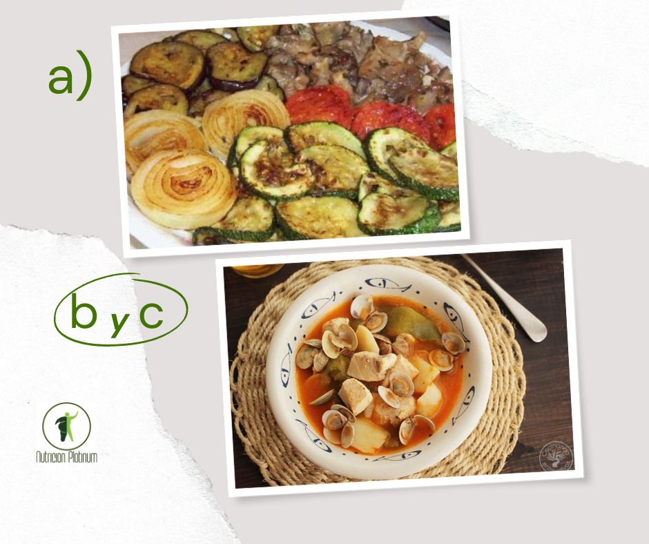 Parrillada de verduras con caldo de pimentón con marrajo y almejas