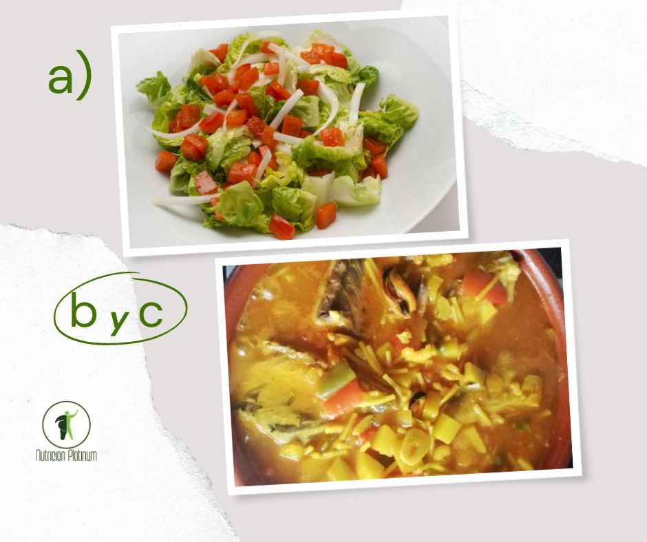 Ensalada de cogollos y pimiento rojo con cazuela de fideos con caballa.