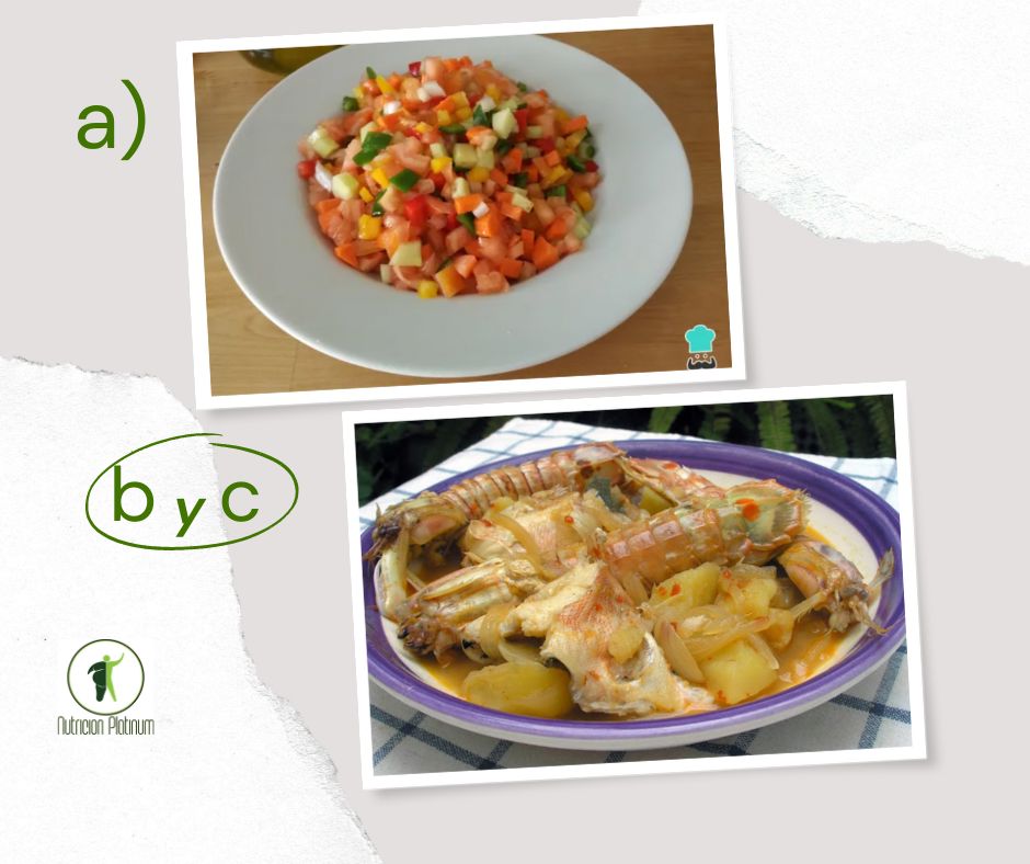 Pipirrana con caldero de gallineta, galeras y patatas