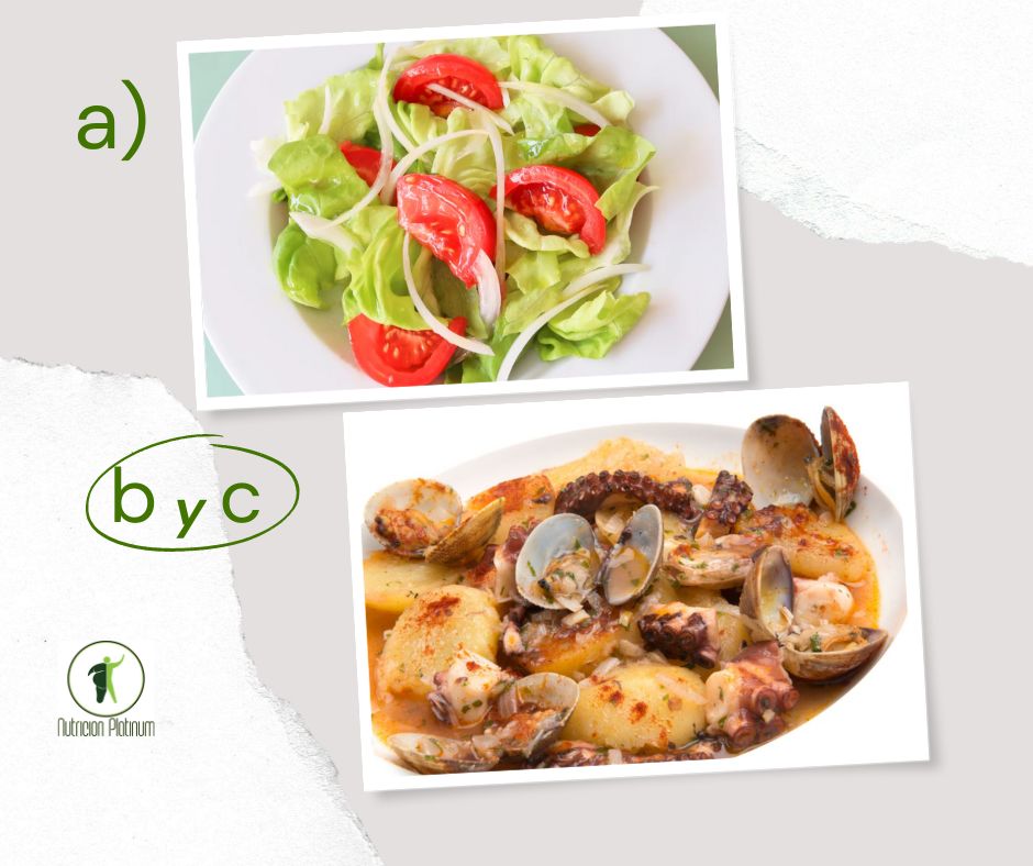 Ensalada de lechuga y tomate con cazuela de pulpo con almejas