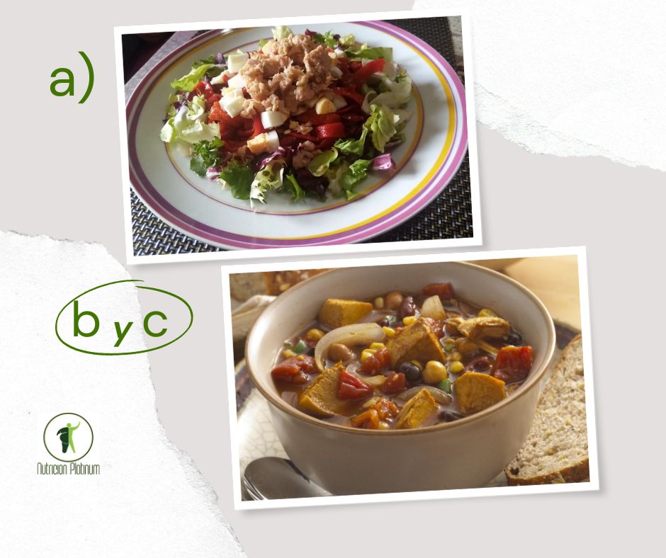 Ensalada de pimientos asados, atún y huevo con Cocido de Pavo y Legumbres.