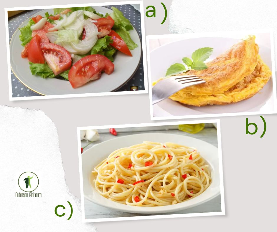 Ensalada de lechuga con cebolla y tomate acompañado de tortilla francesa con atún y Espaguetis con ajo, aceite y guindilla.